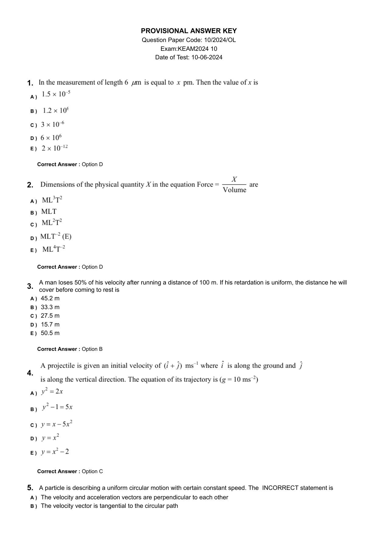 KEAM 2024 June 10 Pharmacy Question Paper with Answer Key - Page 1