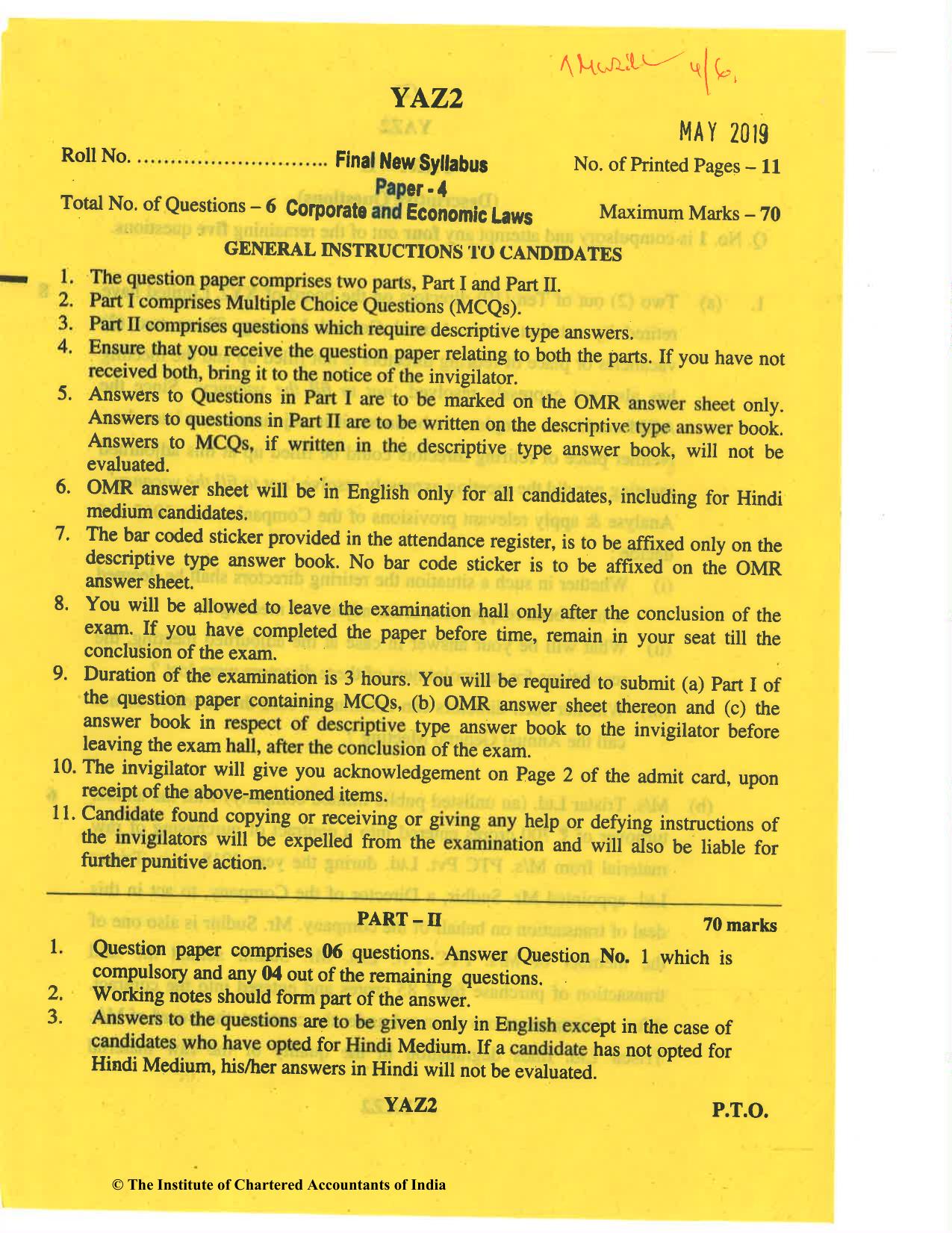 CA Final May 2019 Question Paper - Paper 4 – Corporate & Economic Laws - Page 1