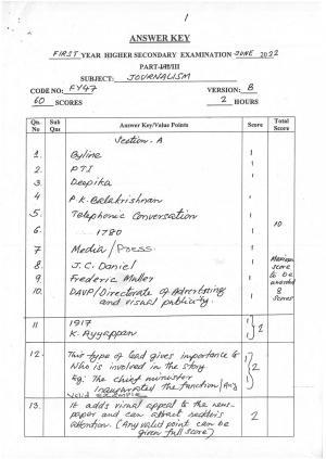 Kerala Plus One 2022 Journalism Answer Key