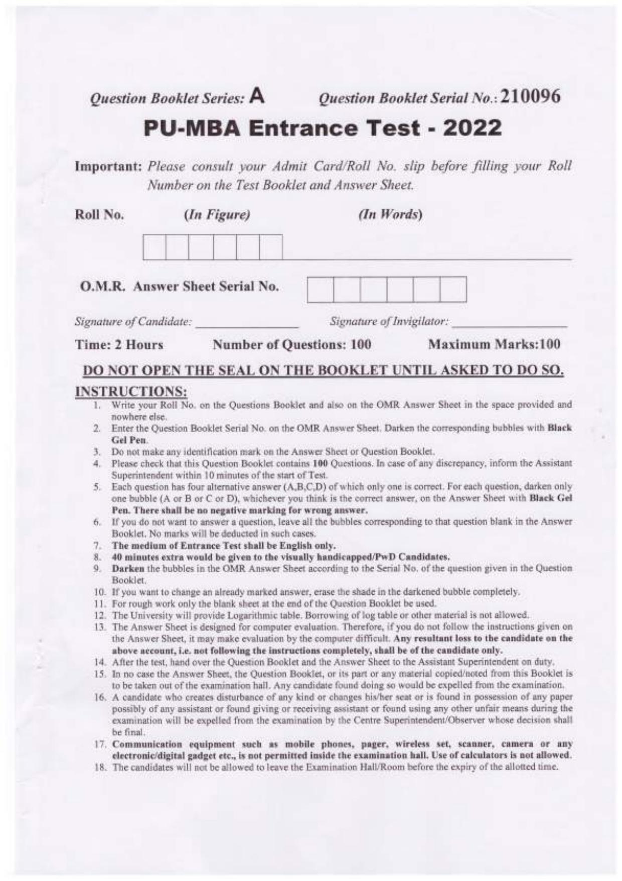 PU USOL MBA Entrance Exam 2022 Question Booklet - Page 1
