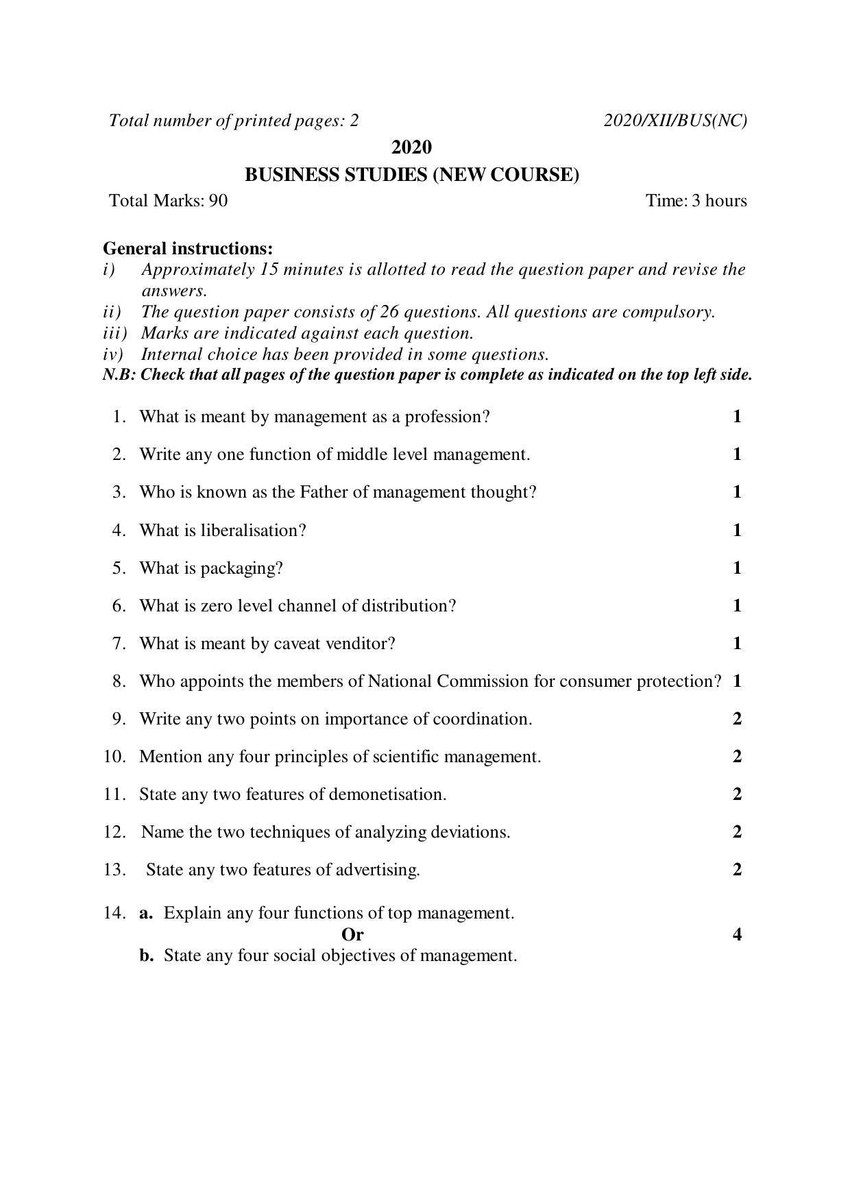 Nagaland Board Class 12 BUSINESS STUDIES (NEW COURSE) 2020 Question Papers - Page 1