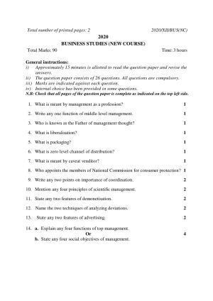 Nagaland Board Class 12 BUSINESS STUDIES (NEW COURSE) 2020 Question Papers