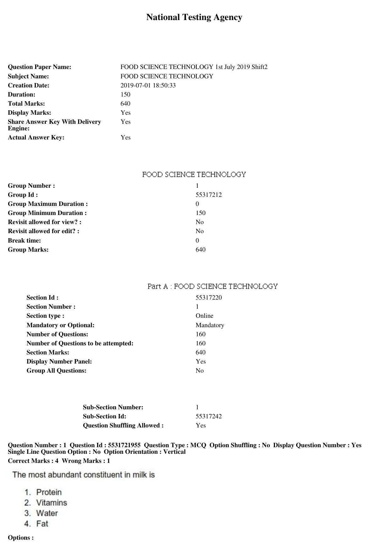 ICAR AIEEA PG 2019 FOOD SCIENCE TECHNOLOGY Question Paper - Page 1