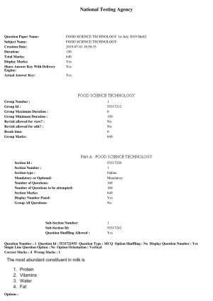 ICAR AIEEA PG 2019 FOOD SCIENCE TECHNOLOGY Question Paper