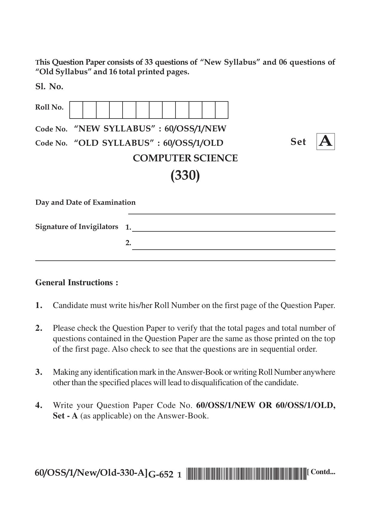 NIOS Jan-Feb 2021 Class 12 Computer Science (SET A) Question Paper - Page 1