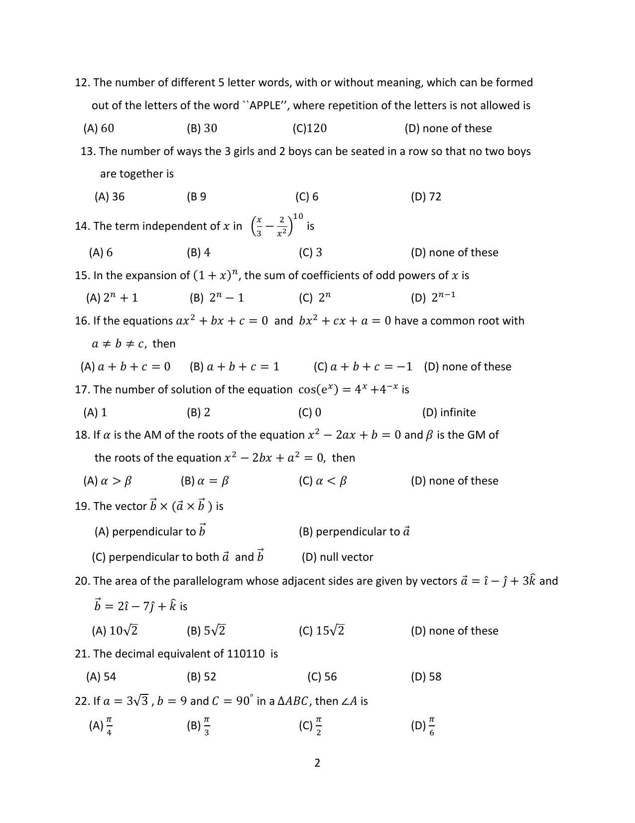OJEE 2014 Mathematics Question Paper - Page 2