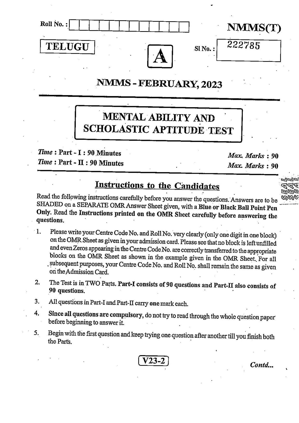 NMMS Question Papers FEBRUARY 2023 (Telugu Medium) - Page 1