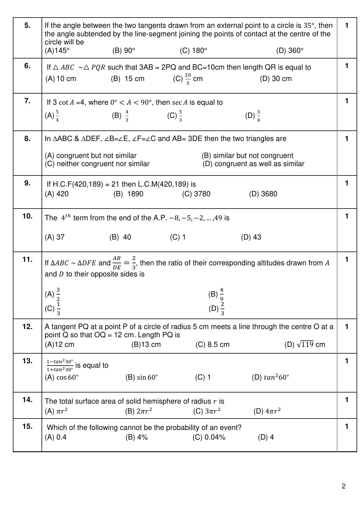 CBSE Class 10 Mathematics (Basic) (For Visually Impaired) Sample Paper 2025 - Page 2