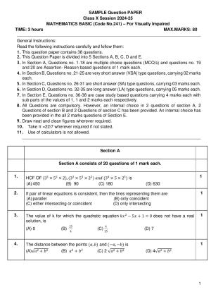 CBSE Class 10 Mathematics (Basic) (For Visually Impaired) Sample Paper 2025