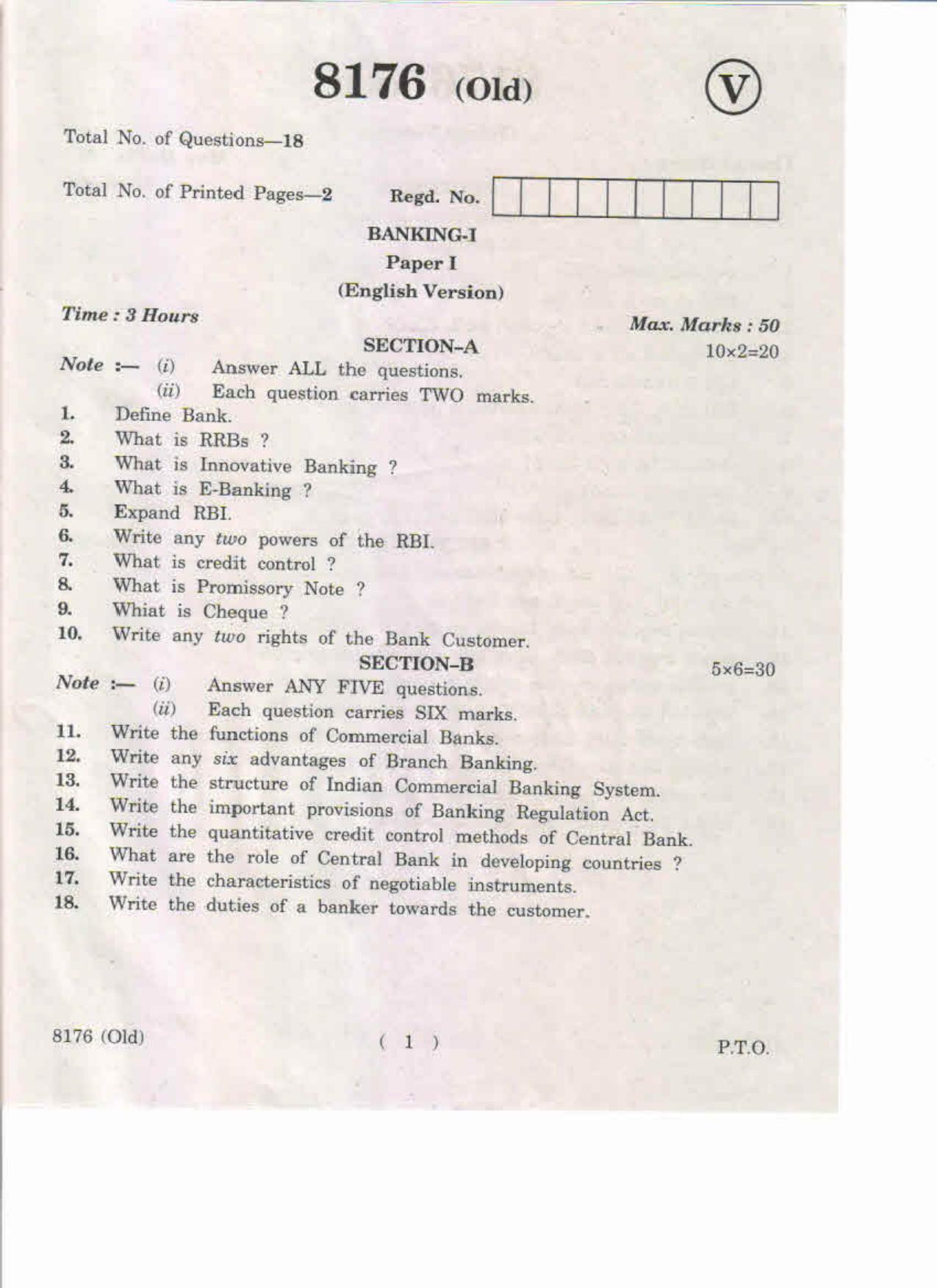 AP Inter 1st Year Banking-I (Old) May-2019-Vocational Question Paper - Page 1