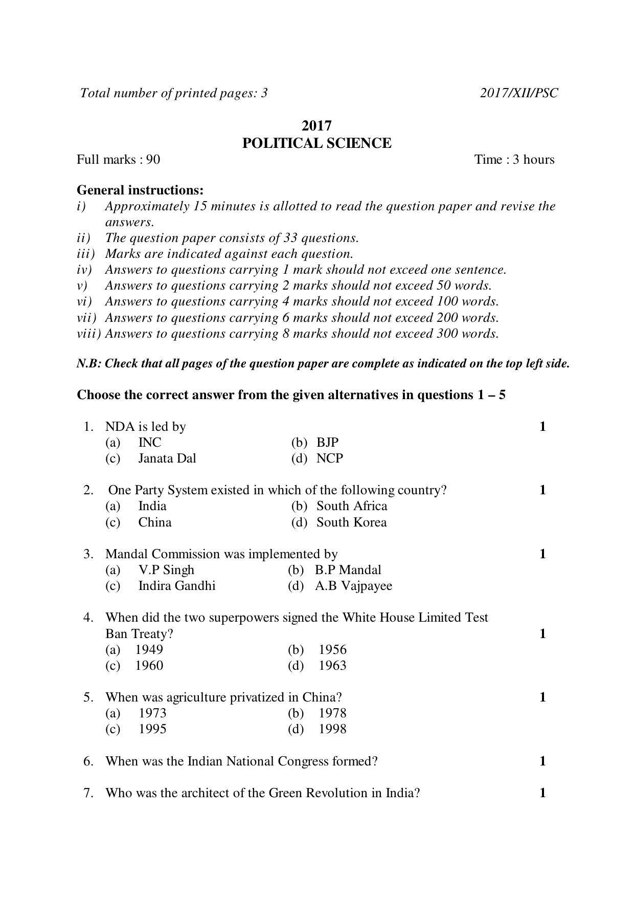 Nagaland Board Class 12 POLITICAL SCIENCE 2017 Question Papers - Page 1