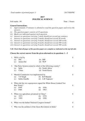 Nagaland Board Class 12 POLITICAL SCIENCE 2017 Question Papers