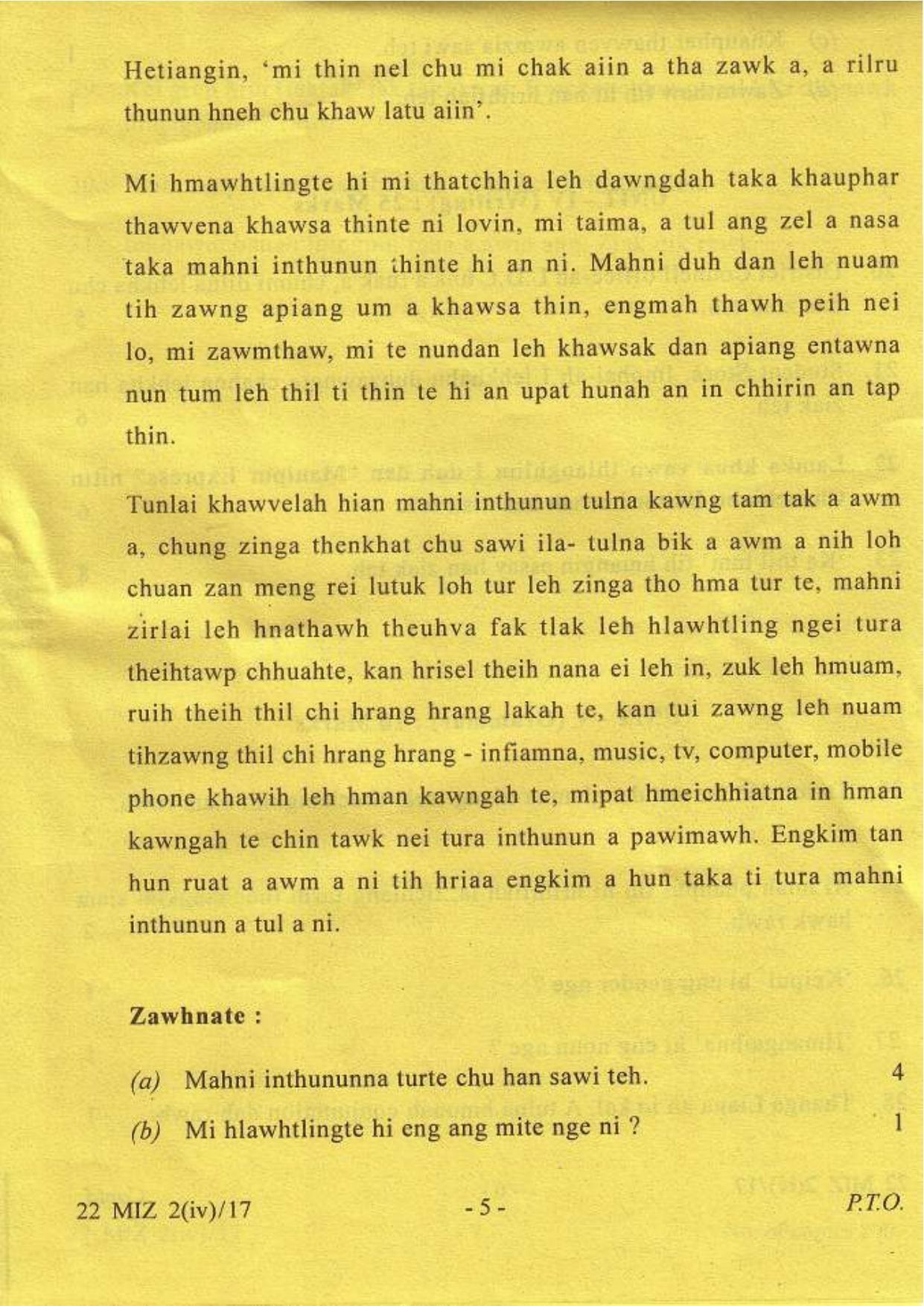 COHSEM Class 12 Mizo (M.I.L.) 2017 Question Papers - Page 5