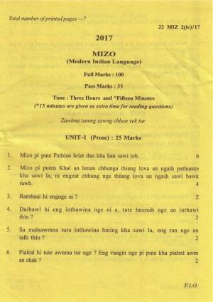 COHSEM Class 12 Mizo (M.I.L.) 2017 Question Papers