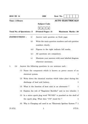 Goa Board Class 12 Auto Electricals (March 2019) Question Paper