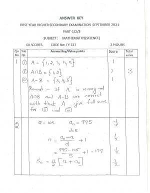 Kerala Plus One (Class 11th) Mathematics-Science Answer Key 2021