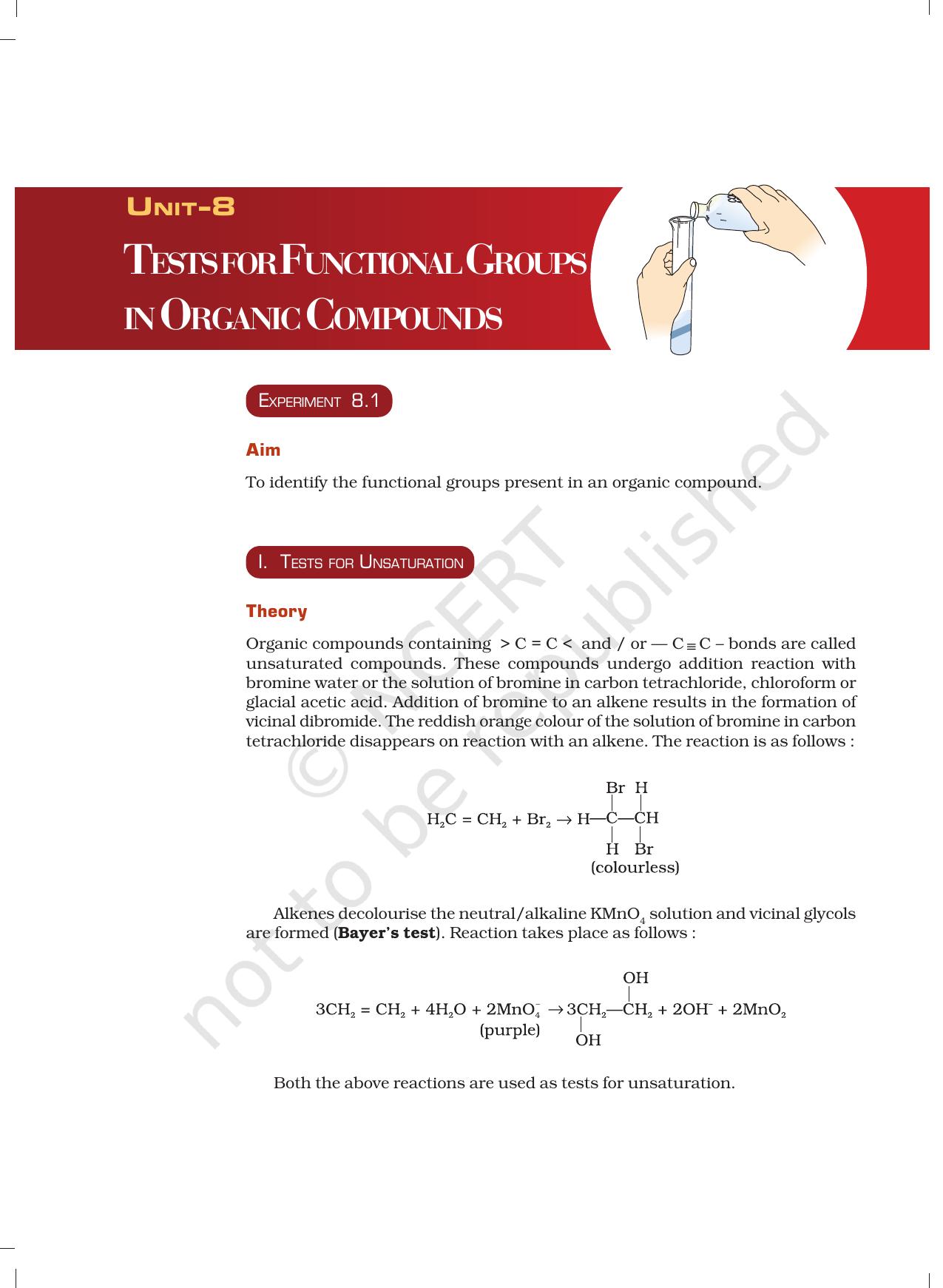 NCERT Laboratory Manuals for Class XII Chemistry - Unit 8 (Tests for Functional Groups in Organic Compounds) - Page 1