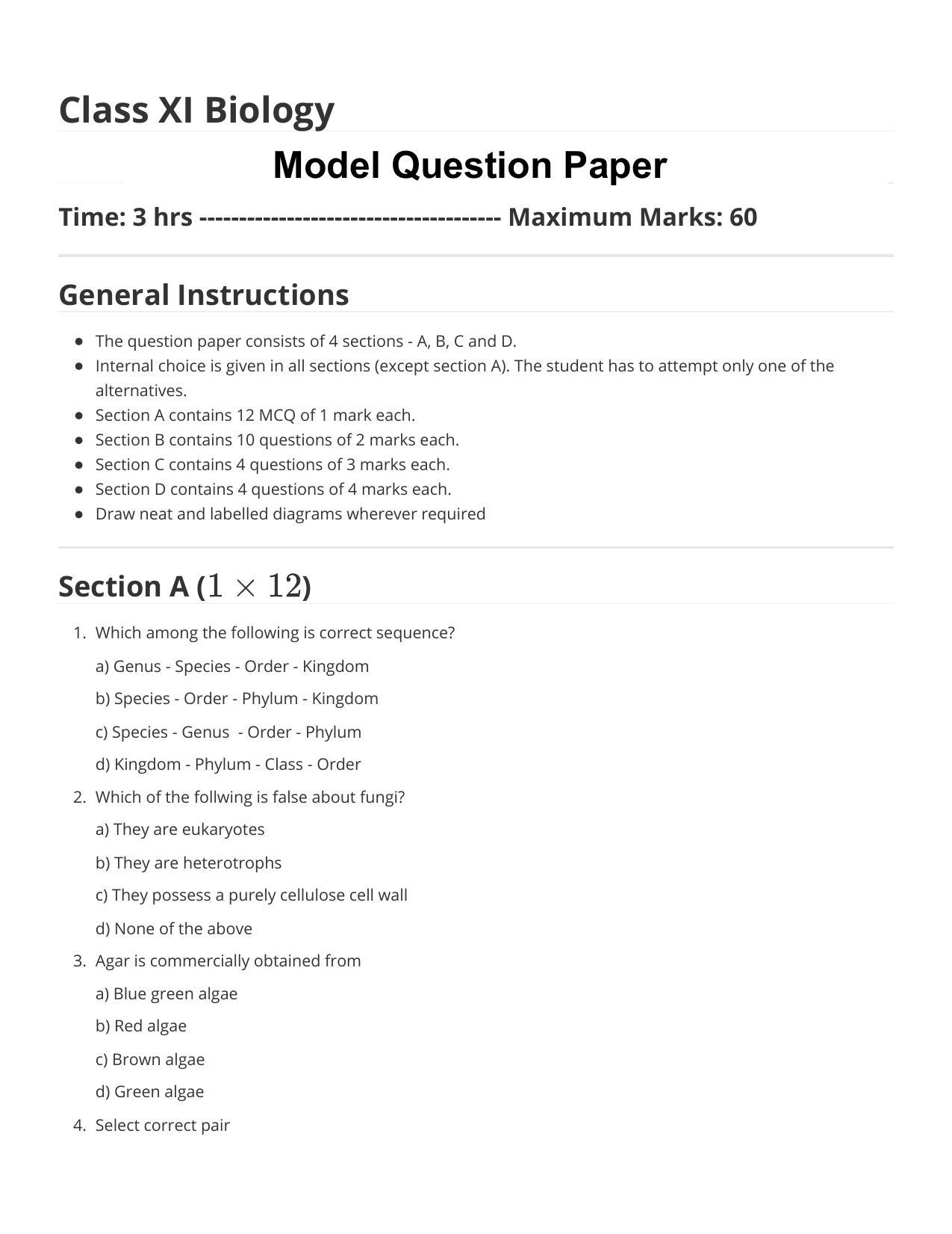 HP Board Class 11 Biology Model Paper - Page 1