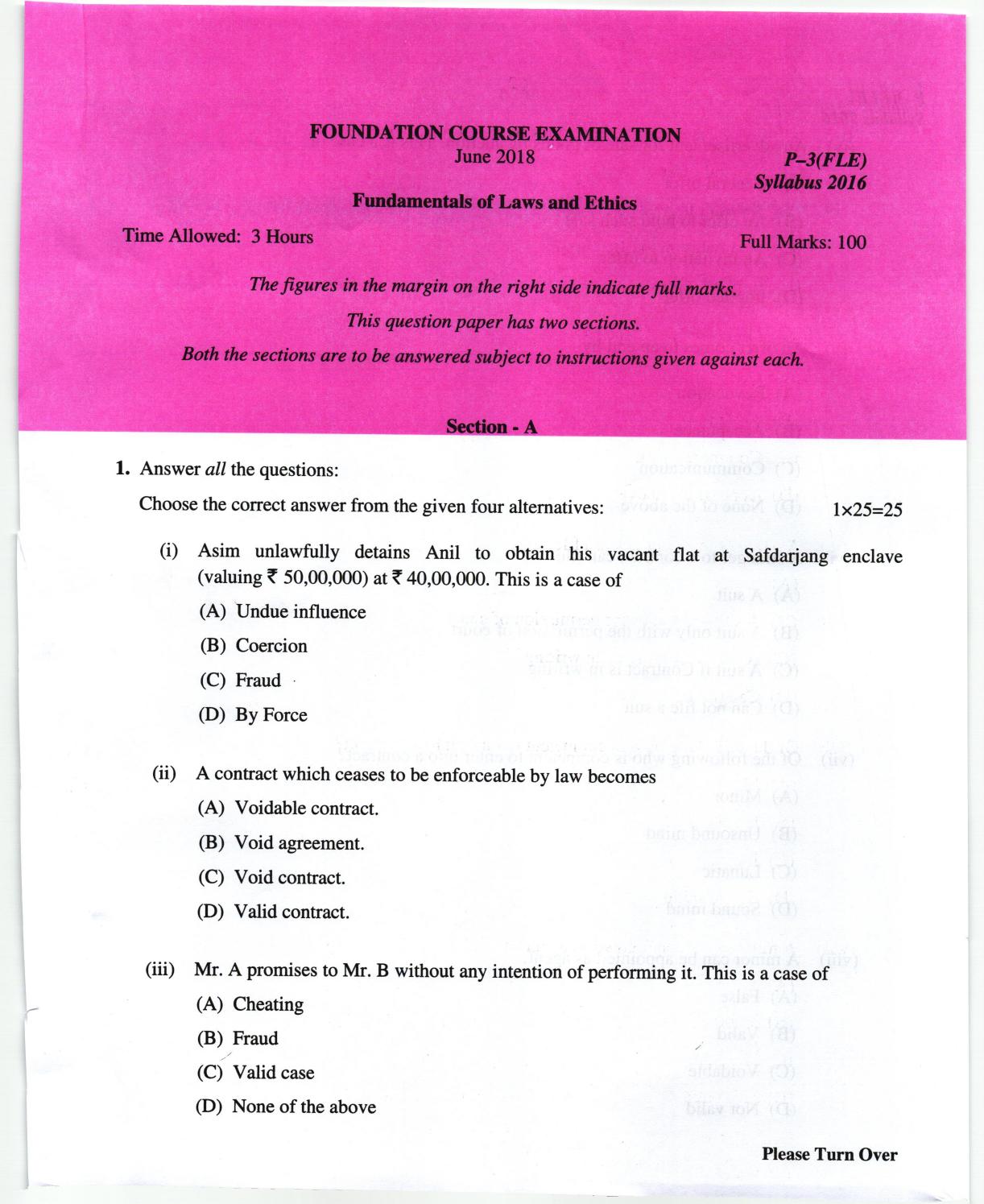 ICMAI June 2019 Fundamentals of Laws and Ethics Question Paper - Page 1