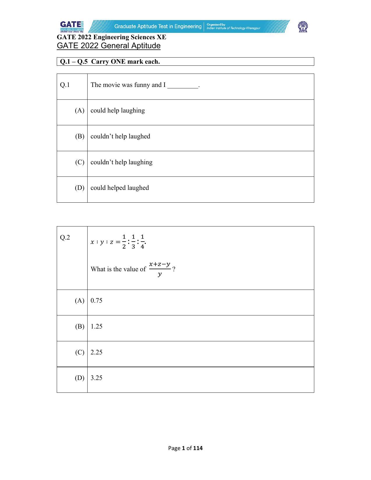 GATE 2022 Engineering Sciences (XE) Question Paper - Page 1
