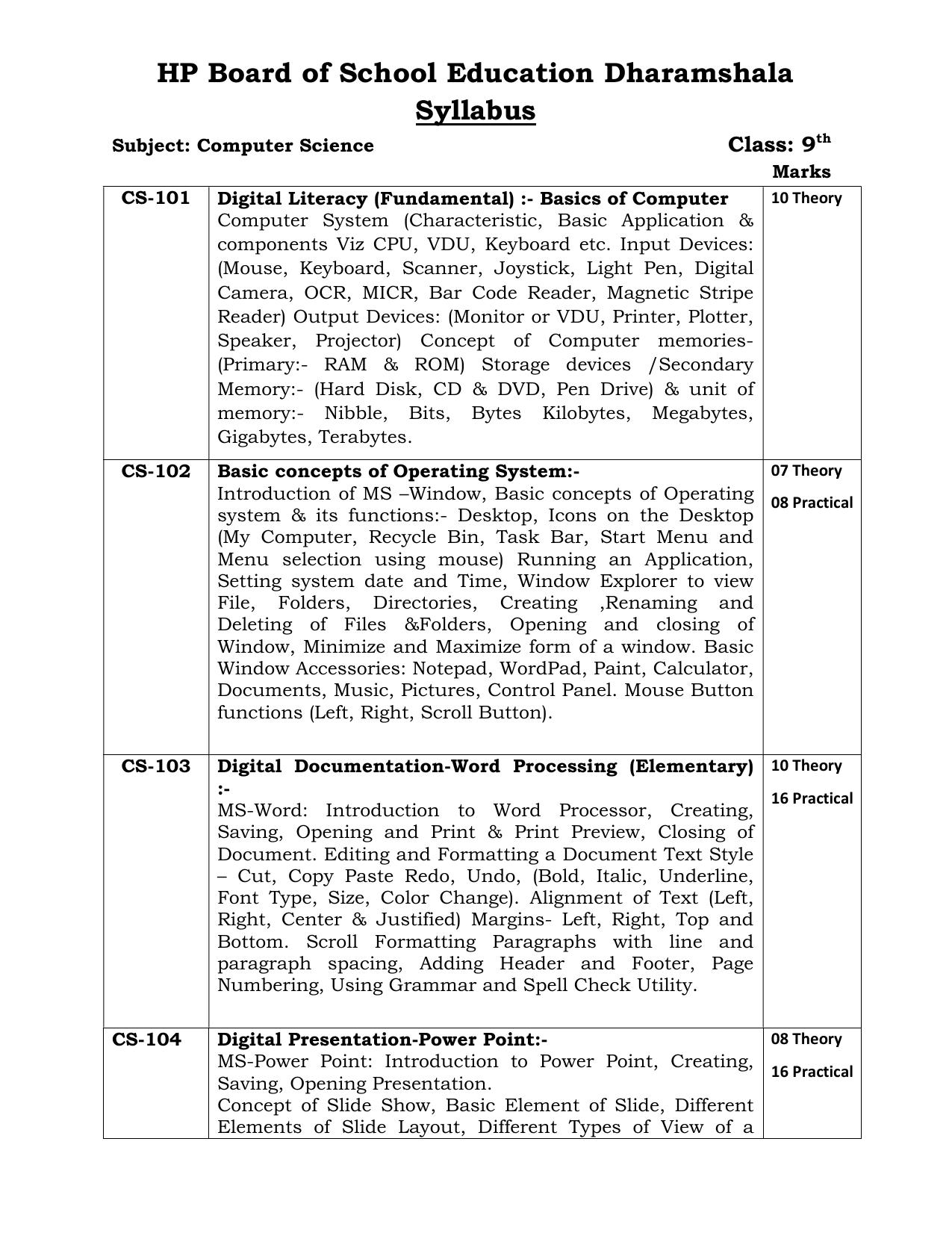 HP Board Class 9th Syllabus for Computer Science - Page 1