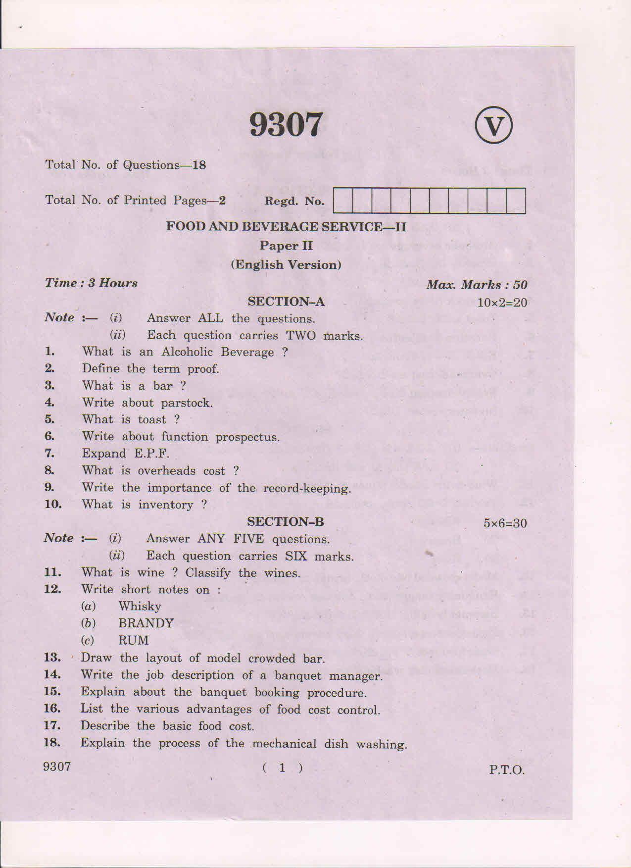 AP Inter 2nd Year Food And Beverage Service-II March-2019-Vocational Question Paper - Page 1