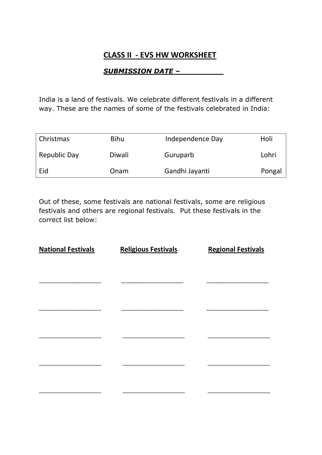Worksheets for Class 2 EVS Assignment 29 Festivals - Page 1