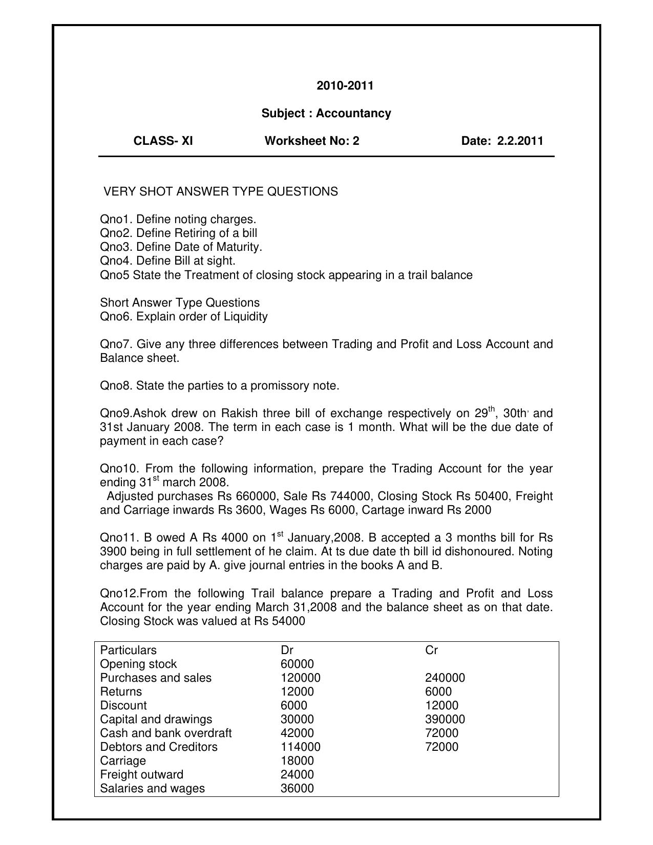 CBSE Worksheets for Class 11 Accountancy Assignment 1 - Page 1