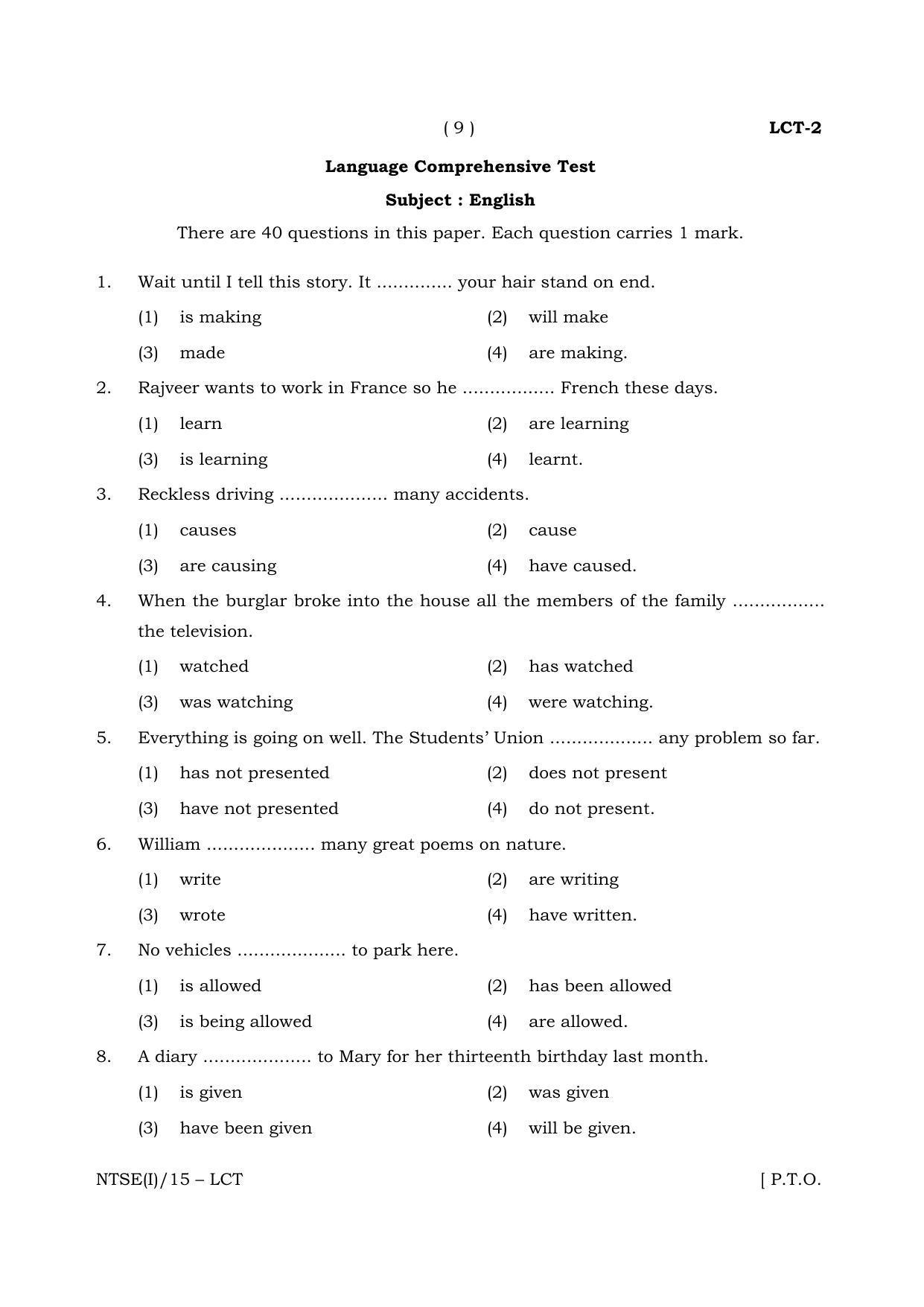 NTSE 2015 (Stage II) LCT Question Paper - Page 9