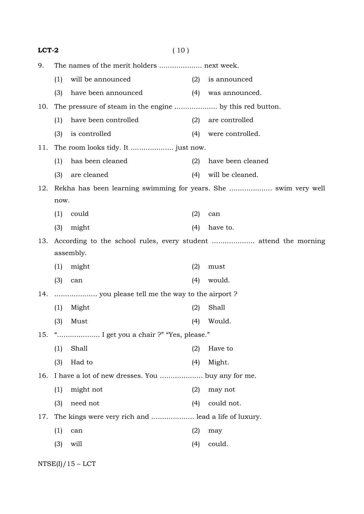 NTSE 2015 (Stage II) LCT Question Paper - Page 10