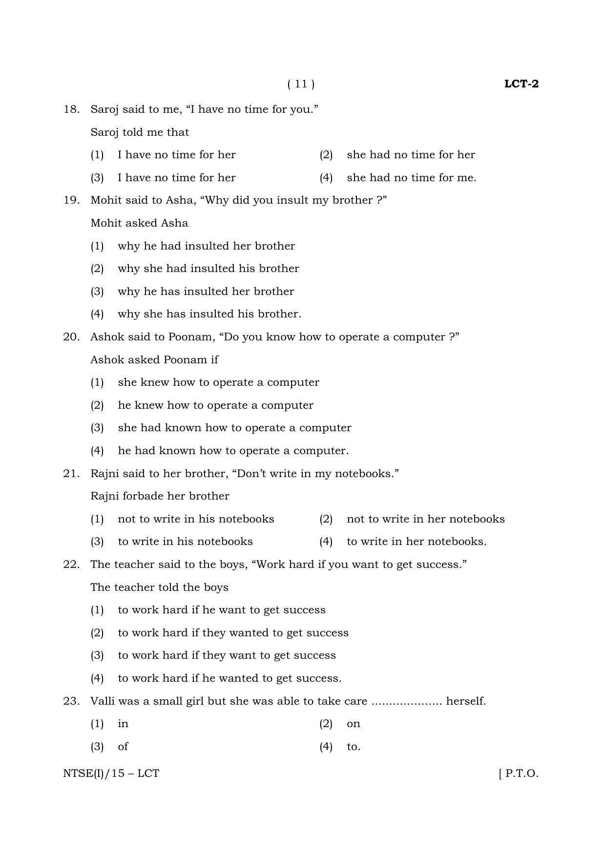 NTSE 2015 (Stage II) LCT Question Paper - Page 11
