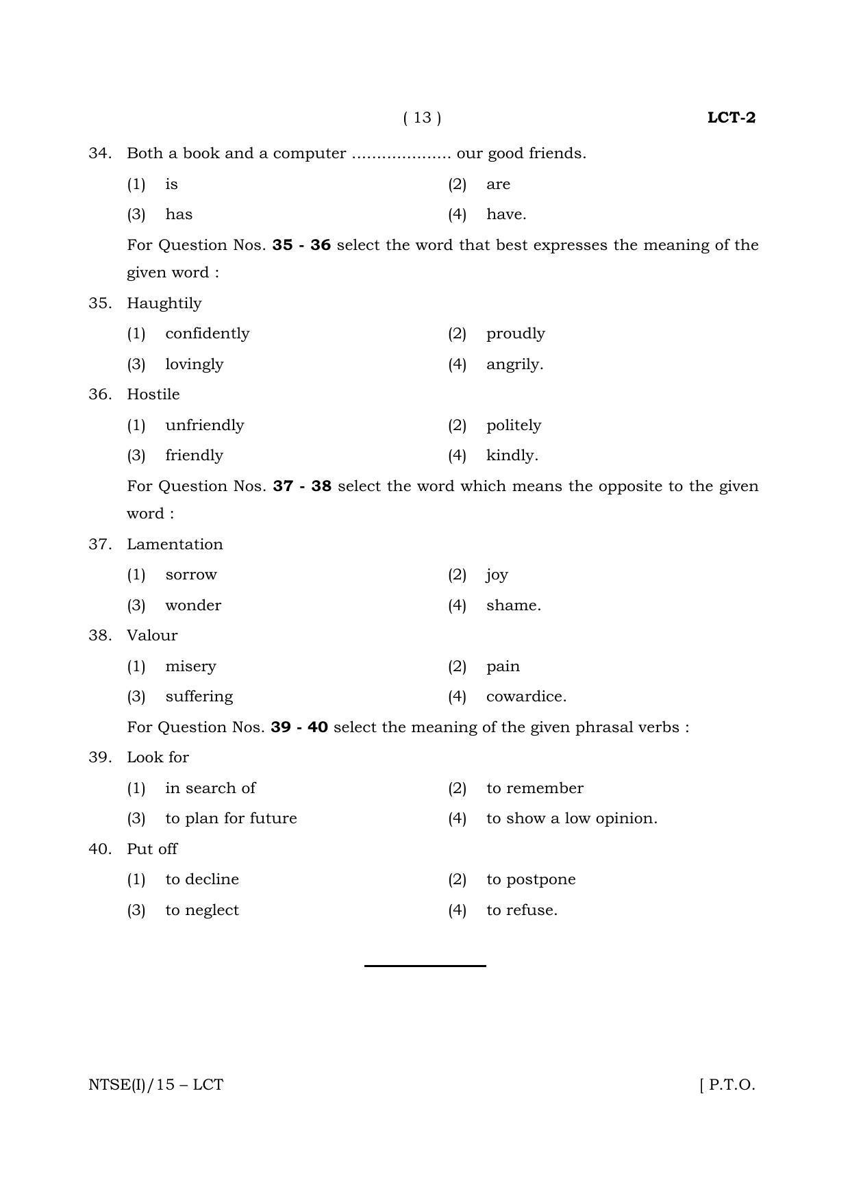 NTSE 2015 (Stage II) LCT Question Paper - Page 13