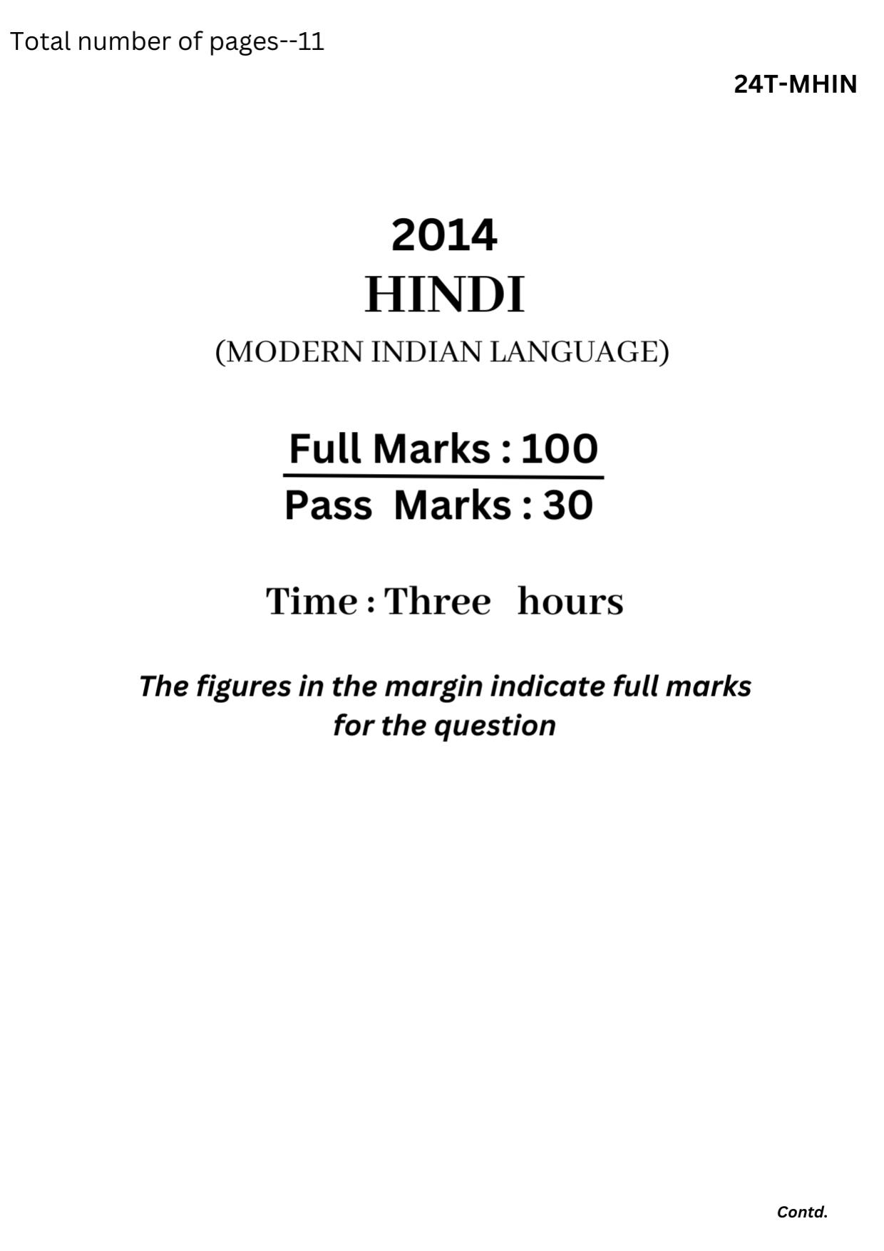 Assam HS 2nd Year Hindi MIL 2014 Question Paper - Page 1