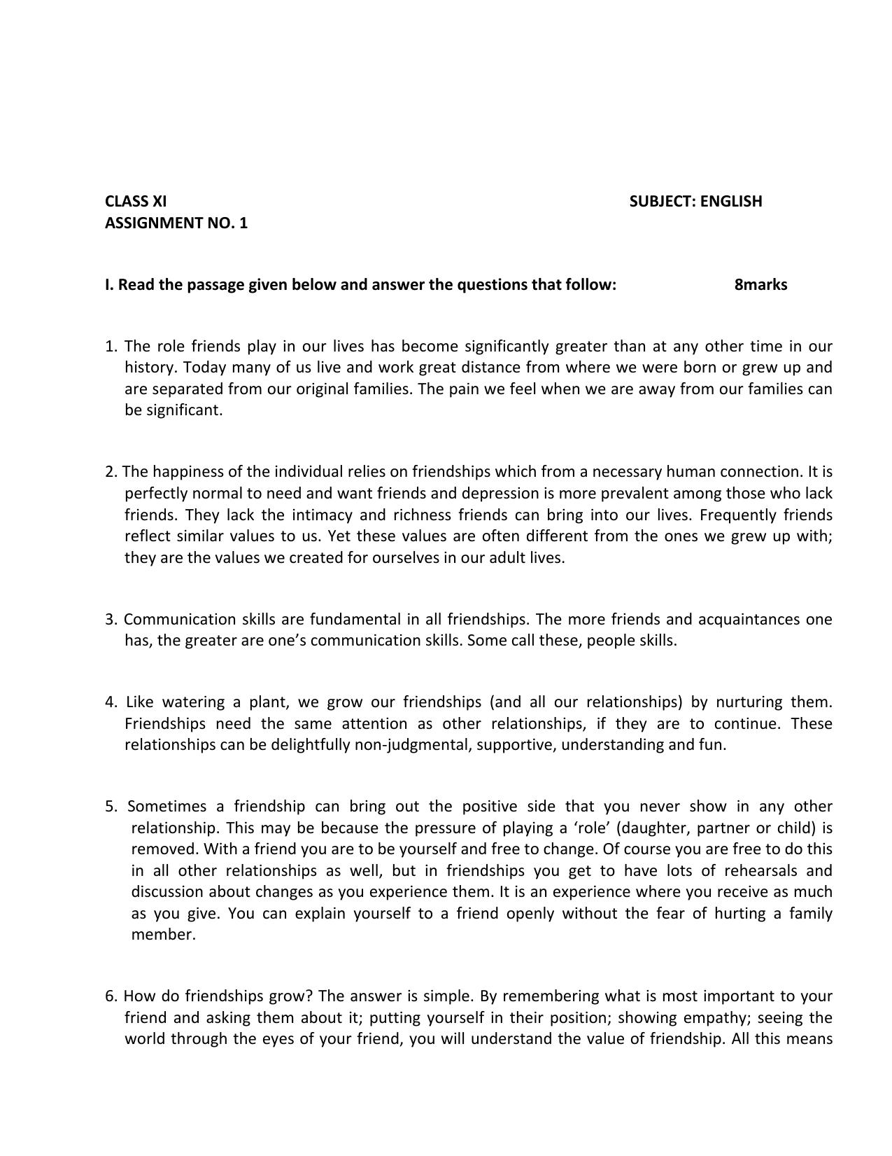 CBSE Worksheets for Class 11 English Assignment 1 - Page 1