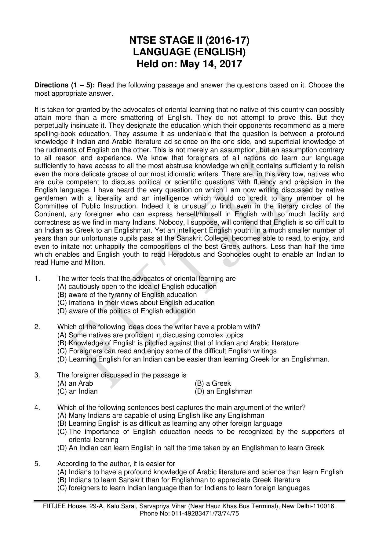 NTSE 2017 (Stage II) Language (LCT) Question Paper (May 14, 2017) - Page 1