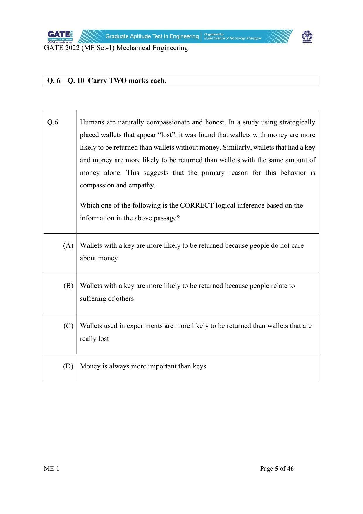 GATE 2022 Mechanical Engineering (ME) Question Paper - Page 6