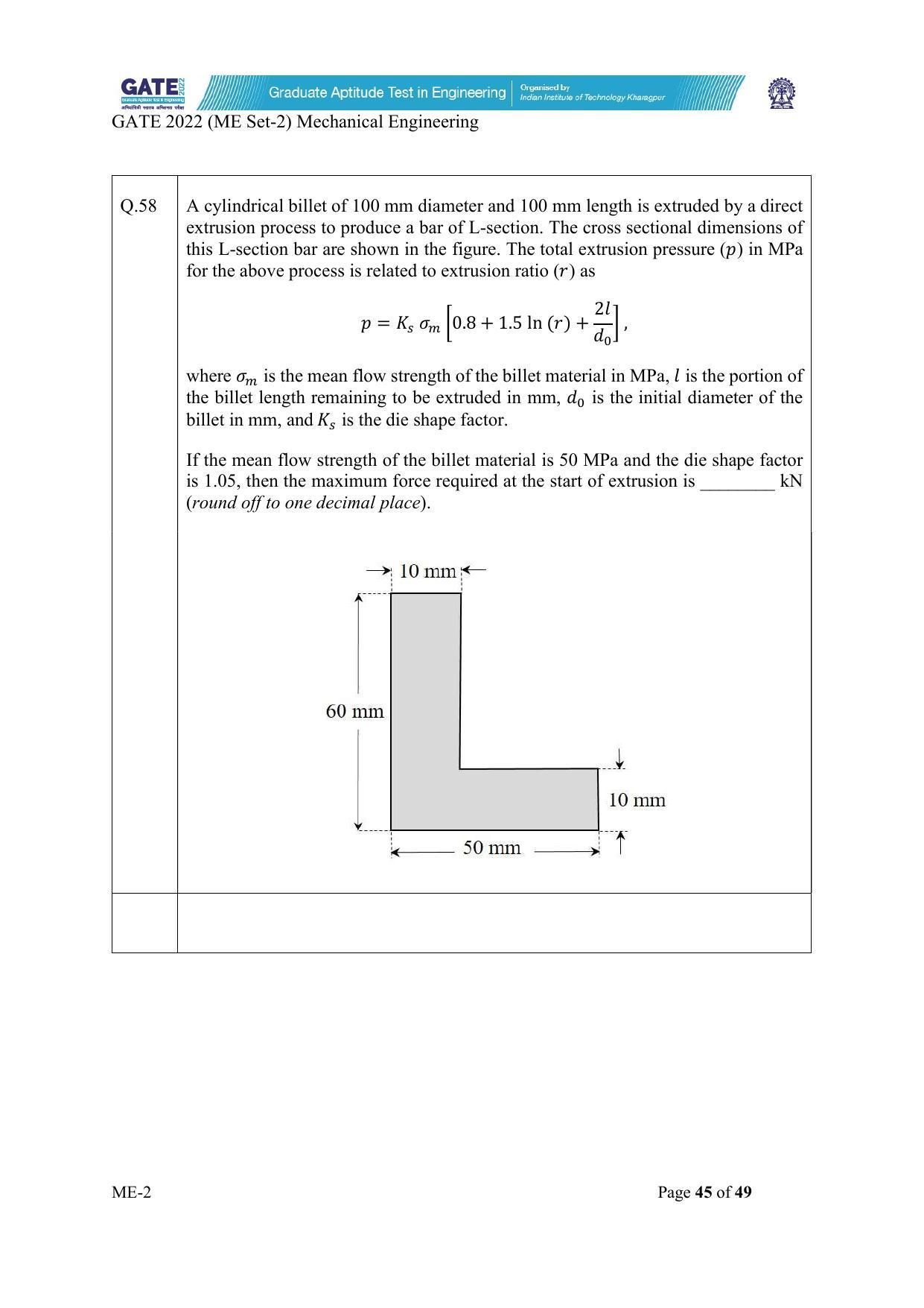 GATE 2022 Mechanical Engineering (ME) Question Paper - Page 95