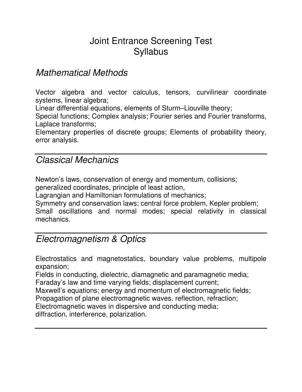 Joint Entrance Screening Test (JEST) Syllabus - Page 1