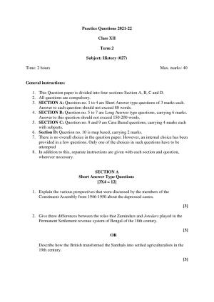CBSE Class 12 History Term 2 Practice Questions 2021-22