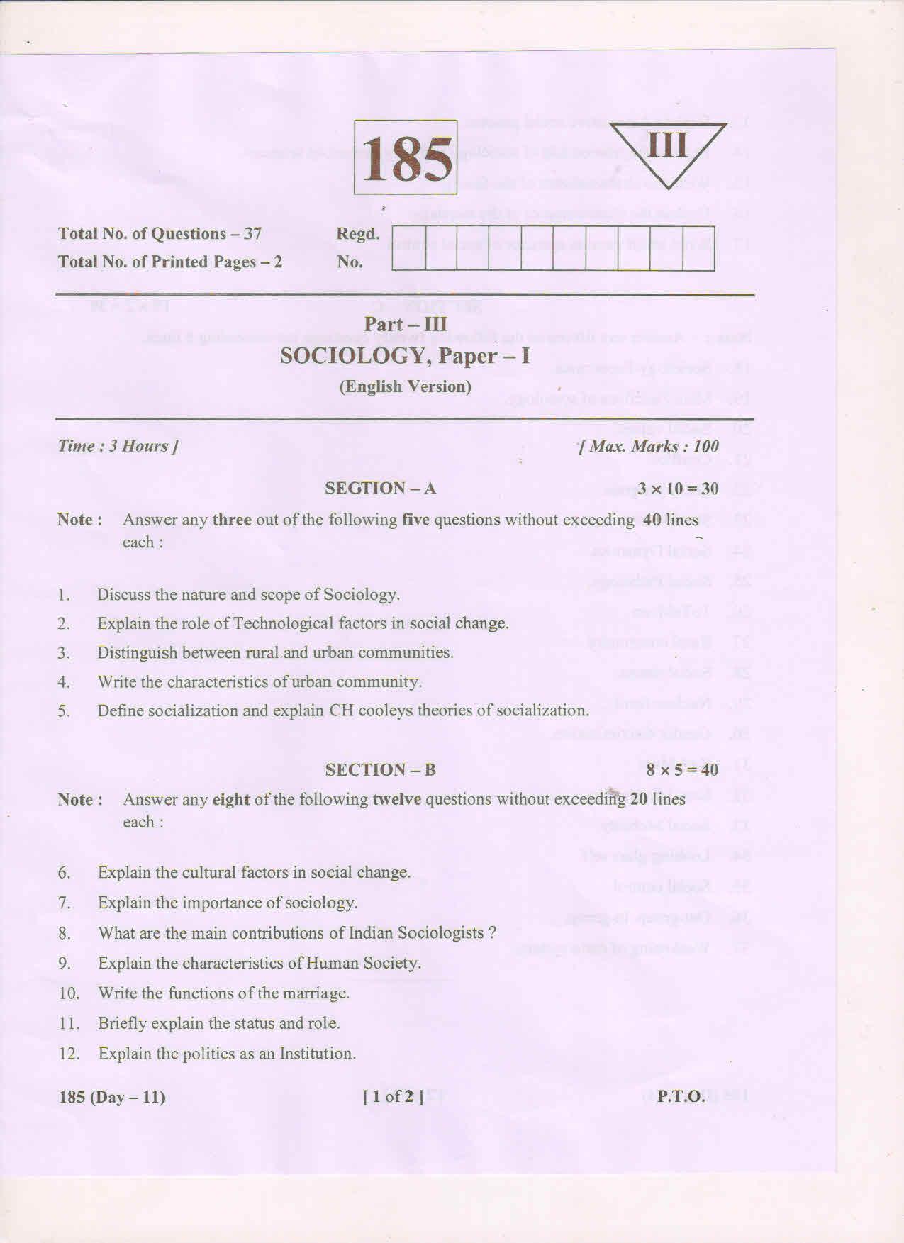 AP Inter 1st Year Sociology-I (EM) March 2018 (General) Question Paper - Page 1