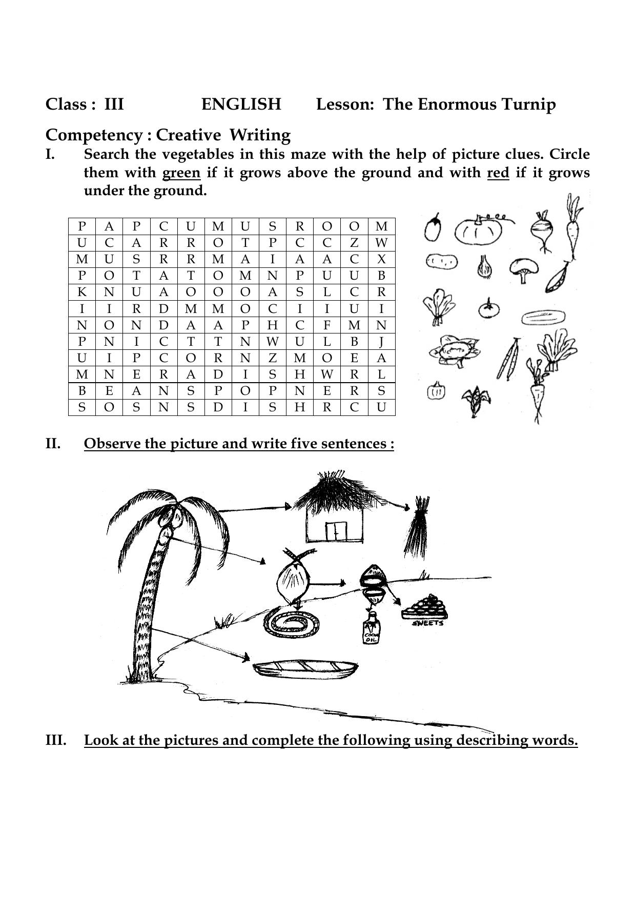 Worksheet for Class 3 English The Enormous Turnip Assignment - Page 1