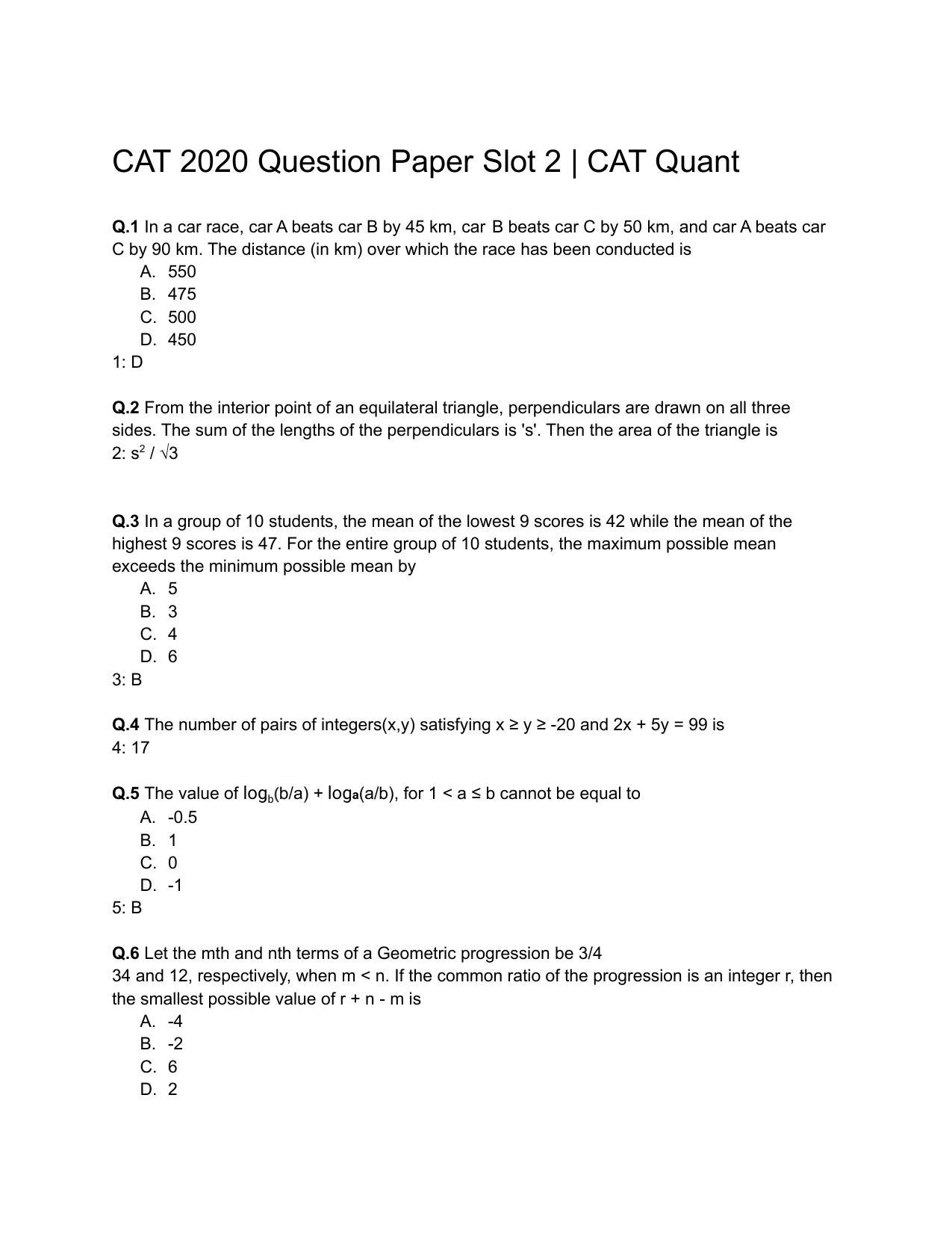 CAT 2020 CAT QA Slot 2 Question Paper - Page 1
