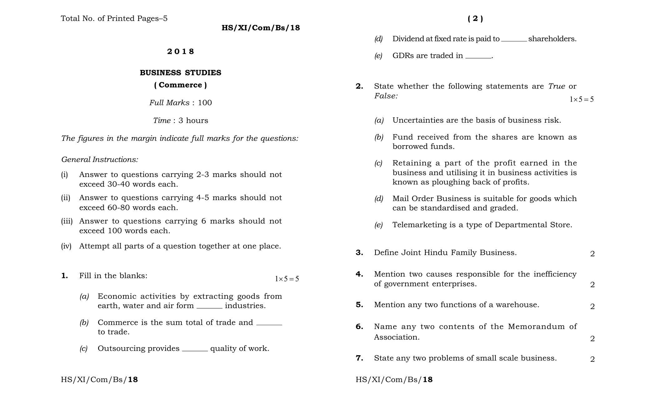 Meghalaya Board (MBOSE) Class 11 Business_Studies 2018 Question Paper - Page 1