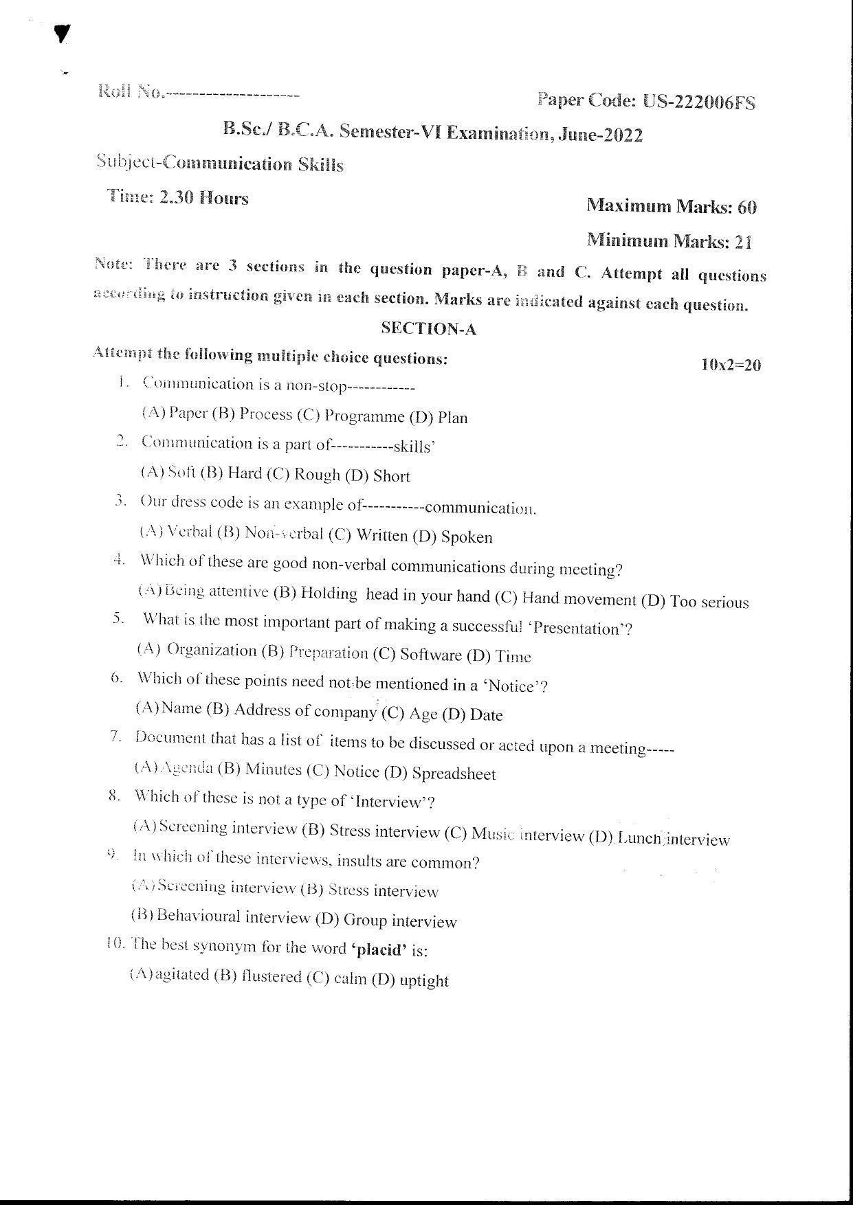 Bilaspur University Question Paper June 2022:B.Sc(Math) Semester VI Raigarh Communicative Skills Paper 1 - Page 1