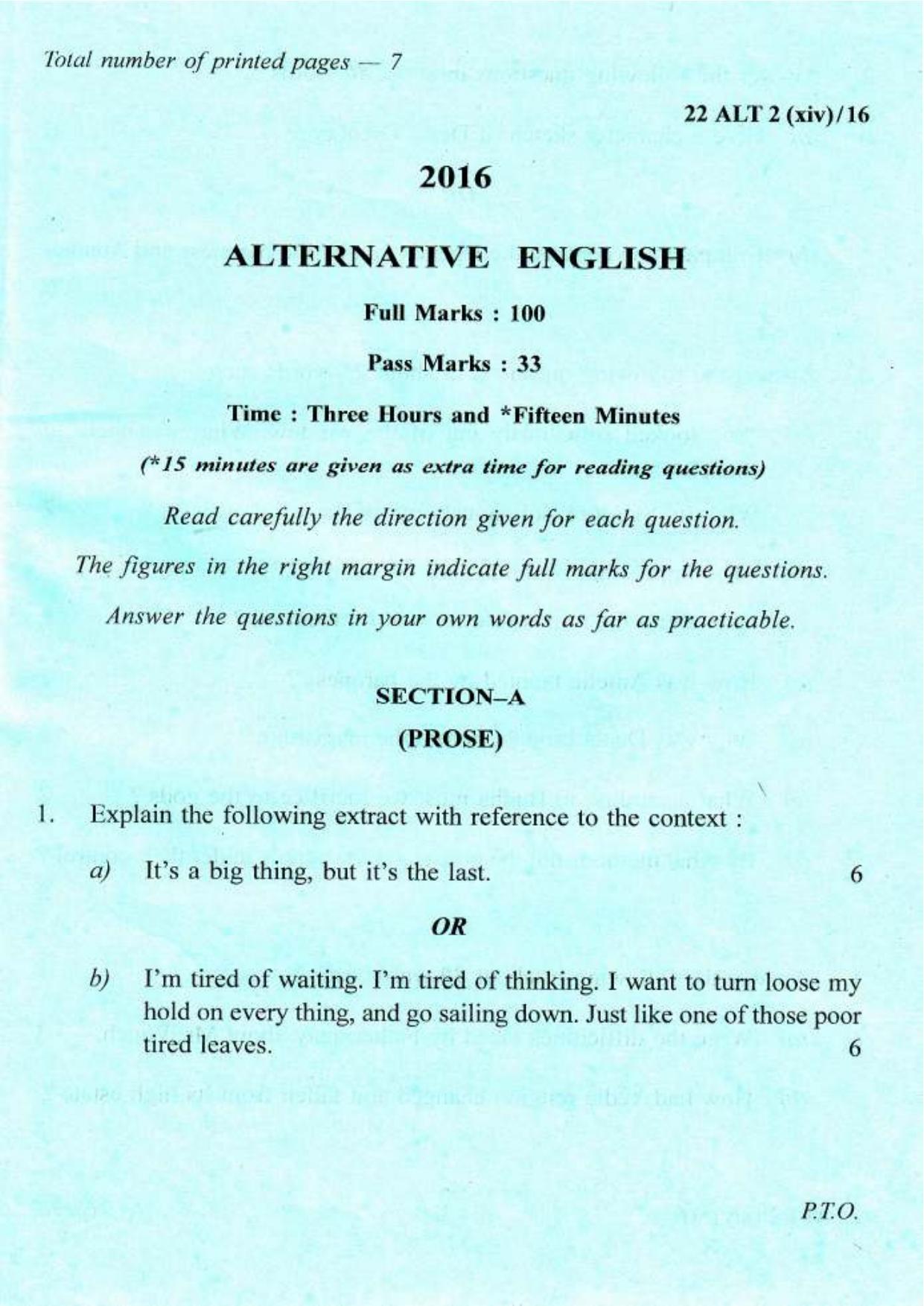 COHSEM Class 12 Alternative English 2016 Question Papers - Page 1