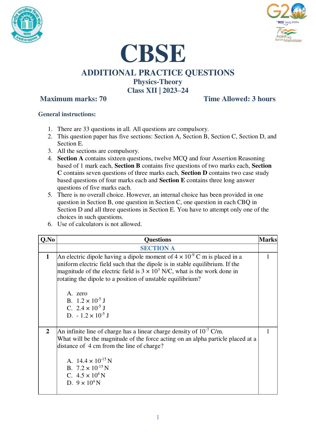 CBSE Class 12 Physics SET 1 Practice Questions 2023-24  - Page 1