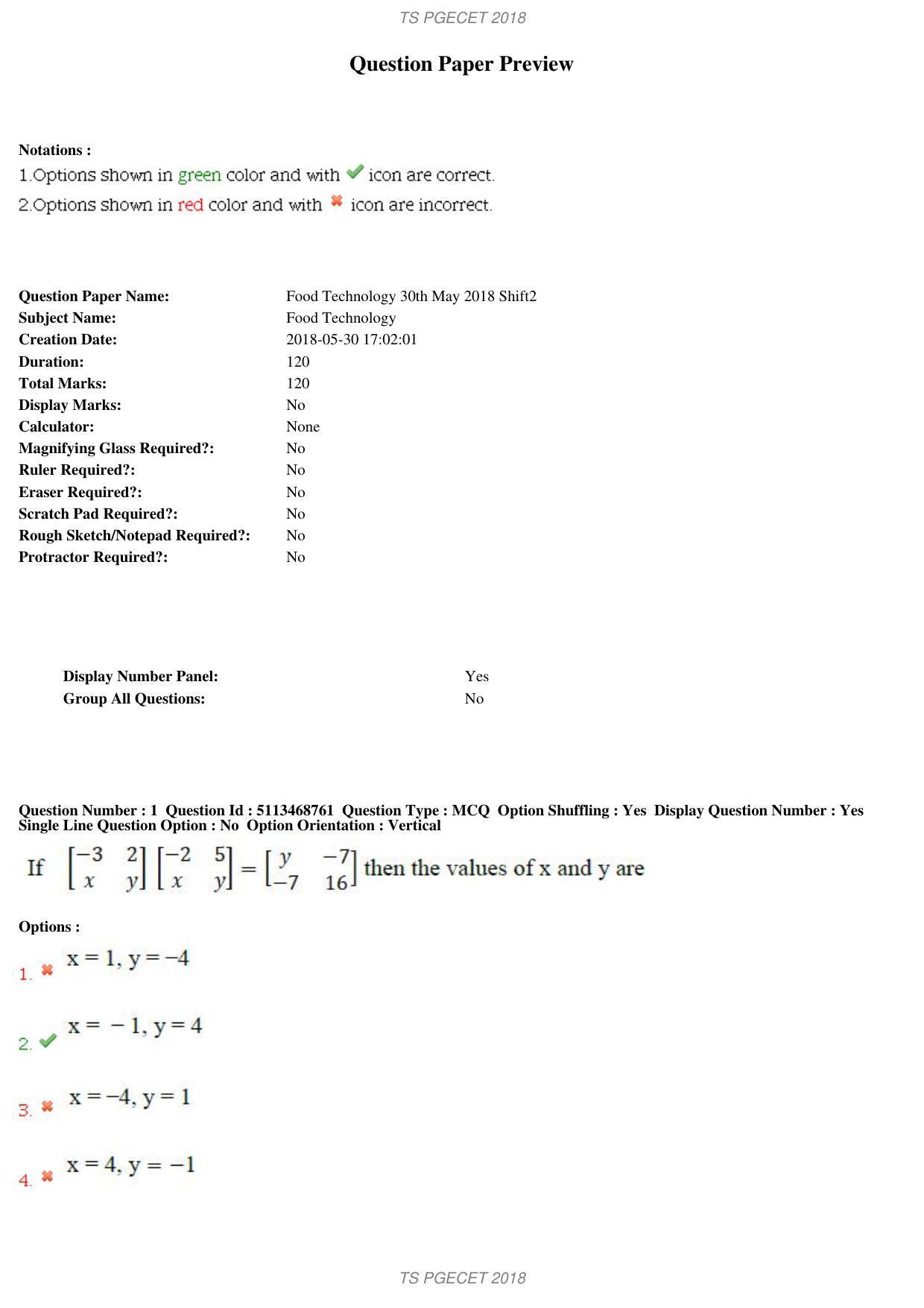 TS PGECET 2018: Food Technology Question Papers - Page 1