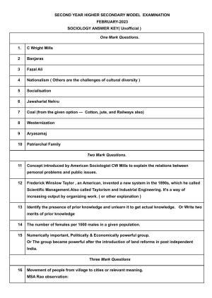 Kerala Plus Two 2023 Sociology Model Answer key