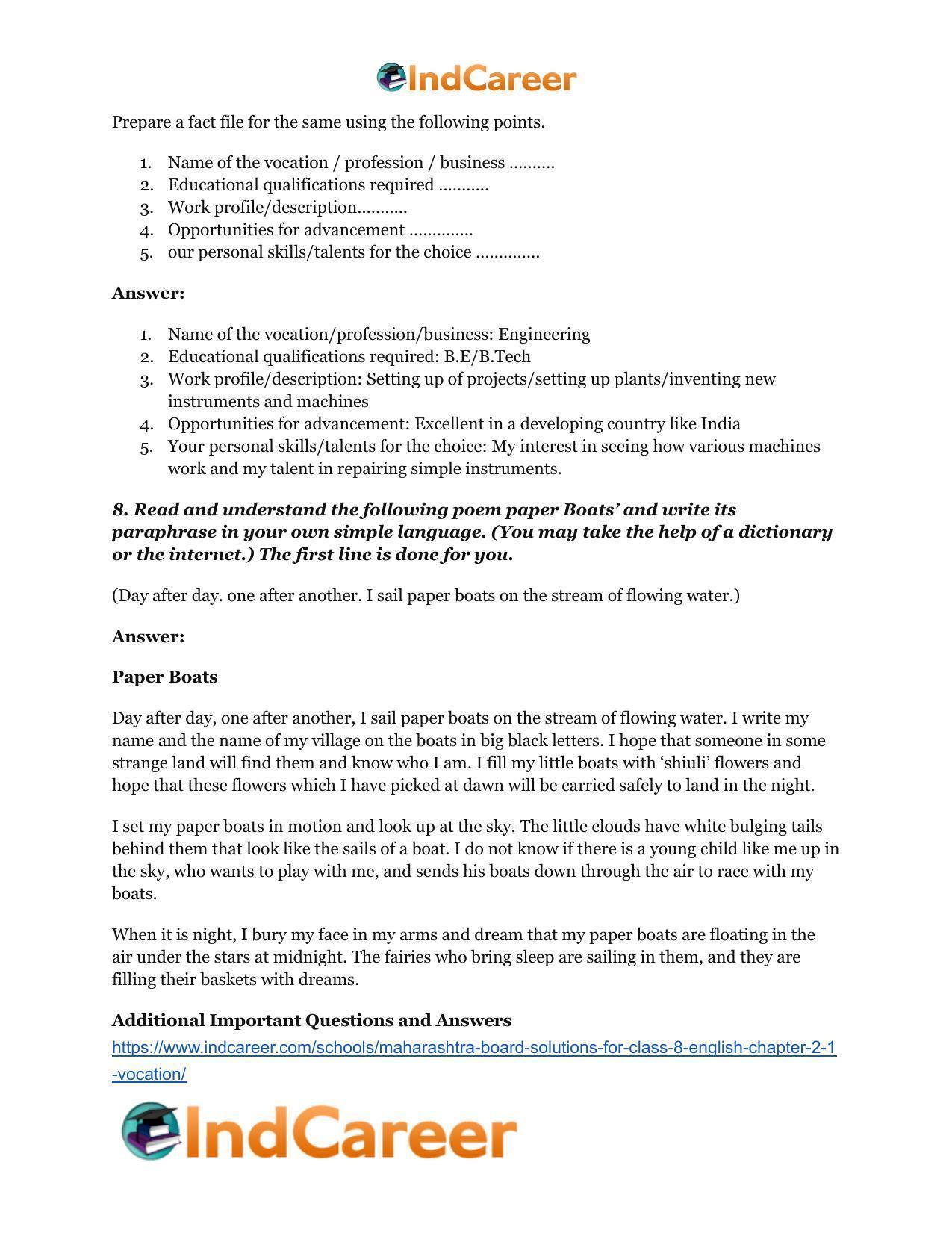 Maharashtra Board Solutions for Class 8- English: Chapter 2.1- Vocation - Page 10