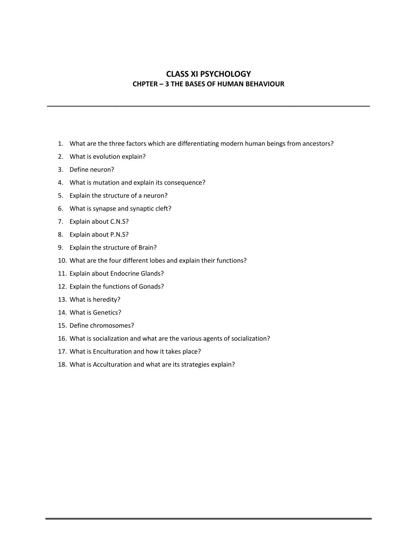 CBSE Worksheets for Class 11 Psychology The Bases of Human Behaviour Assignment 1 - Page 1